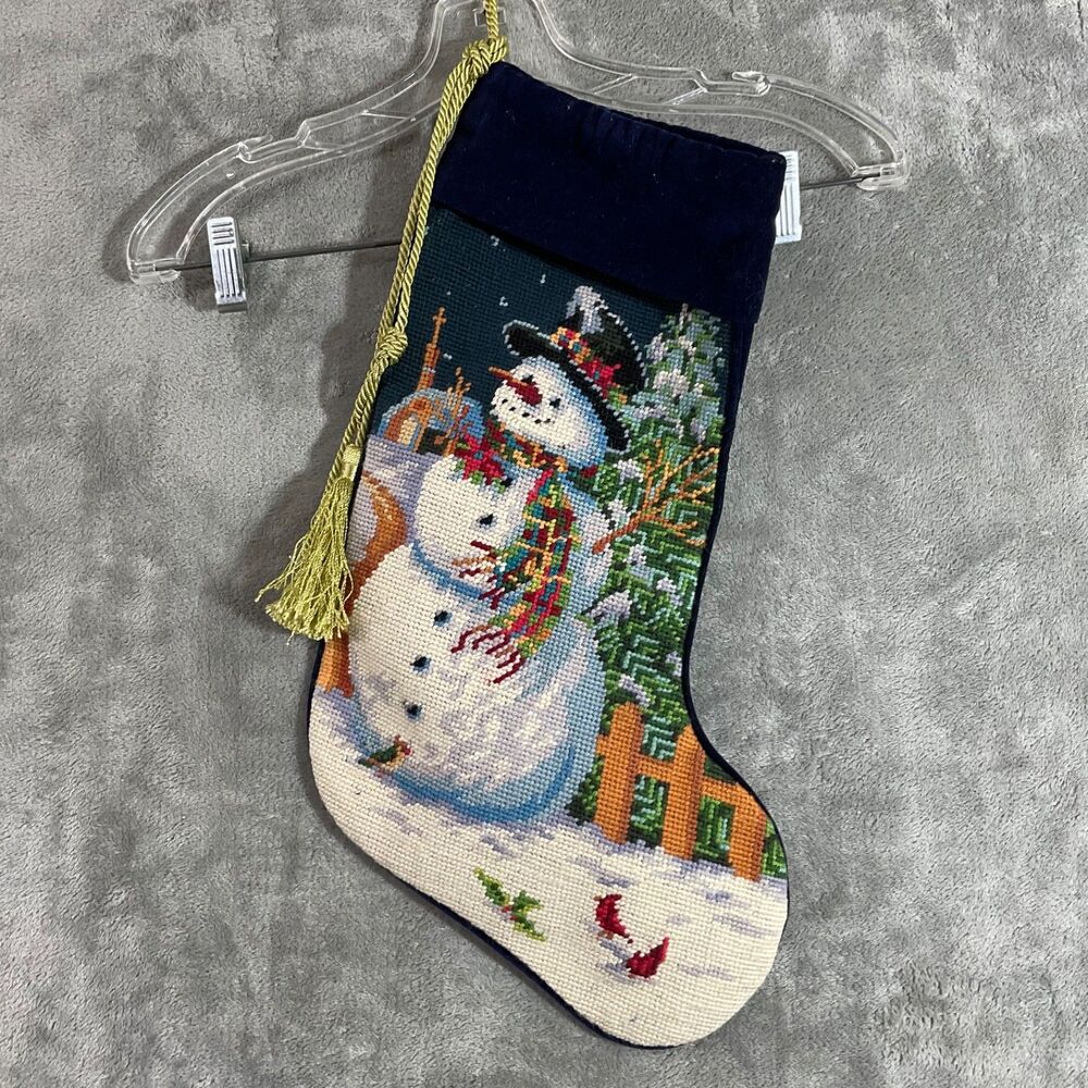 Needlepoint wool/cotton blend Christmas Stocking Snowman Cardinal Velvet church
